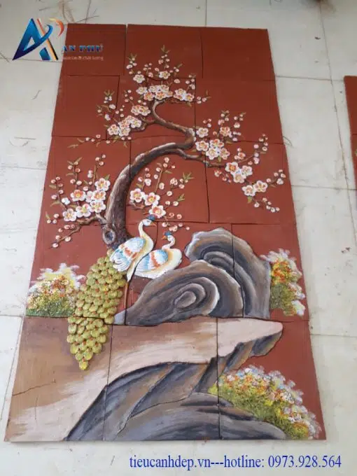 Tranh gốm Đôi chim công