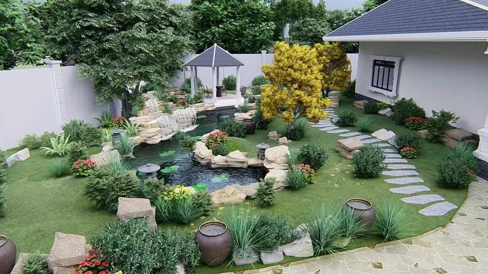 Thi công hồ cá koi kết hợp tiểu cảnh tại Mỹ Đình